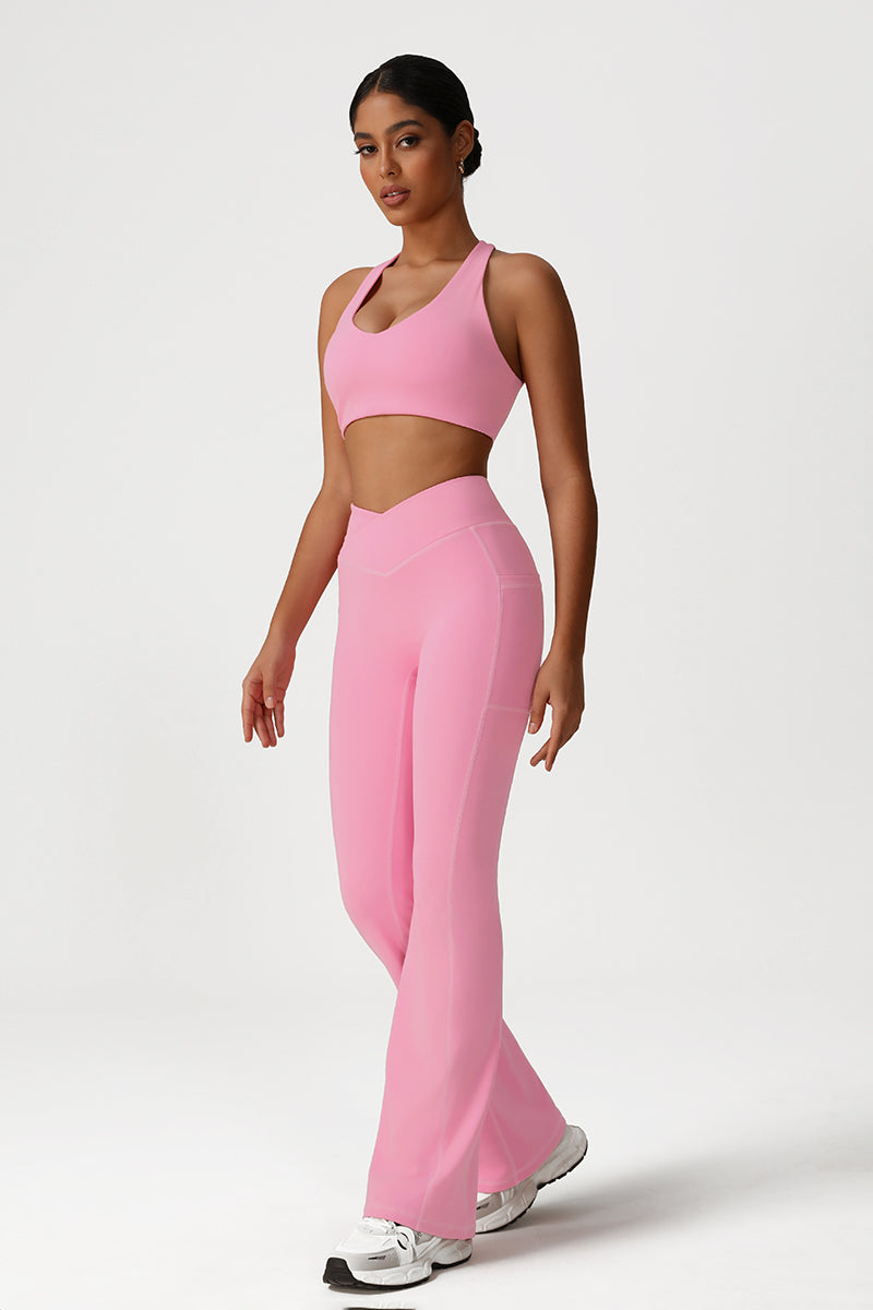 Women Fitness Yoga Set: Cross Back Sports Bra + Flared Leggings
