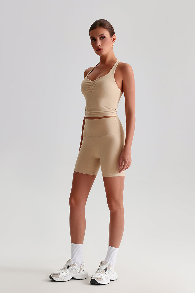 Women Solid Naked Sensation Yoga Set: High-Waisted Sculpting Shorts + Crisscross Back Support Bra