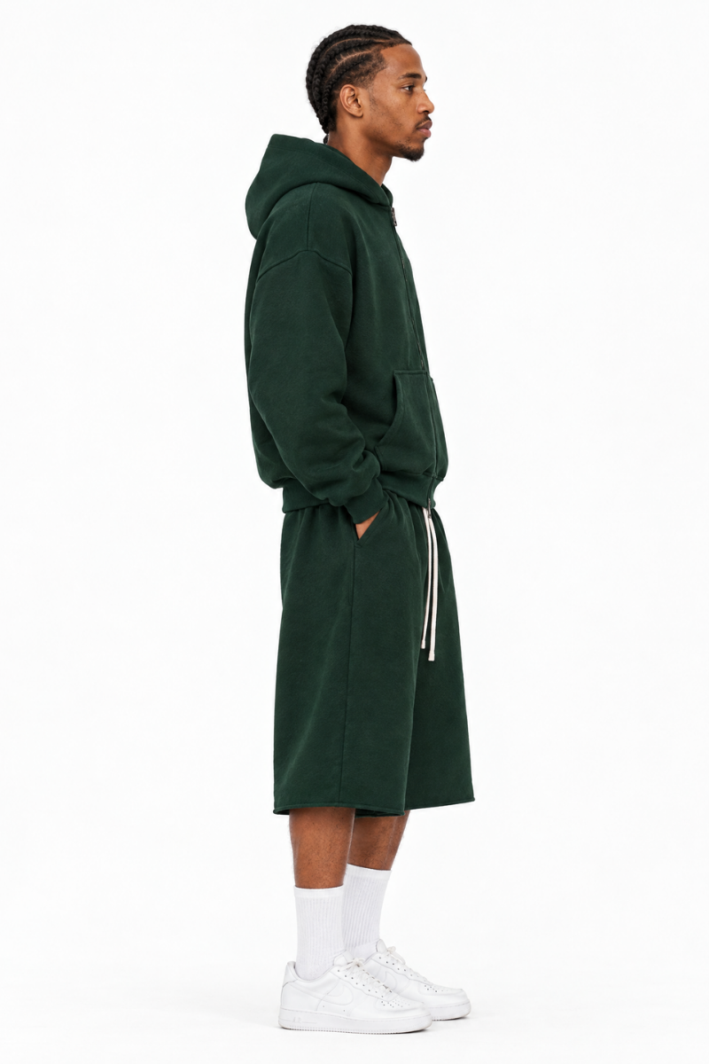 Men's 100% Cotton Loungewear Sets:Hooded Jacket &Mid Shorts