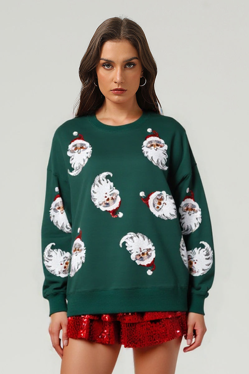 Women's Christmas Santa Portrait Sequin Embroidered Pullover Sweatshirt