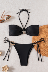 Women's Halter Solid Strapless Side Tie Sexy Bikini Set