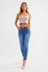 Women's High Classic Blue Wash Stretch Skinny Cropped Jeans