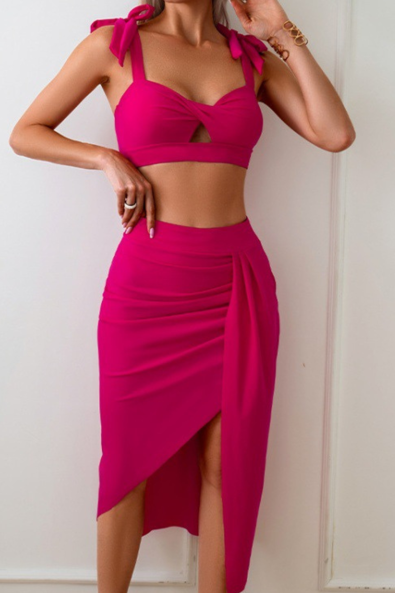 Women's Twist-Front Pleated Skirt Three Piece Bikini Set