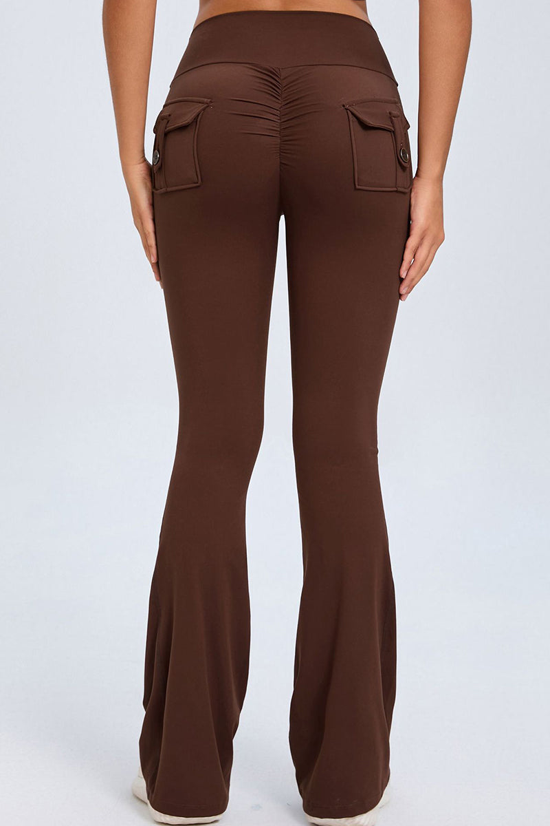 Women Button High Waist Wide Leg Peach Lift Hip Micro Pants Fitness Sports Quick Dry Yoga Pants