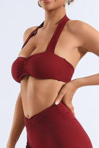 Women's Solid Halter Neck Ruched Front Padded Sports Bra