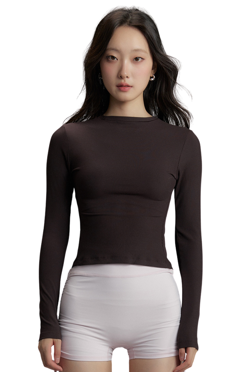 Women's Fall Ribbed Crew Neck Cropped Long Sleeve Top