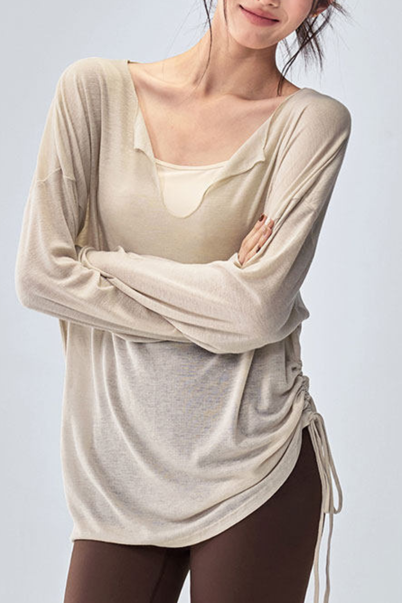 Women's Sheer Notched V-Neck Drawstring Yoga Long Sleeve Top