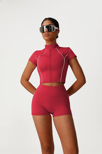 Women Seamless High Waisted Workout Set: Stand Collar Jacket + Peach Lifting Shorts