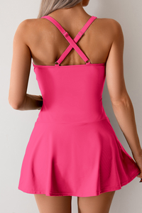 Women's Ruched Spaghetti Straps Side Slit Pleated Swimsuit