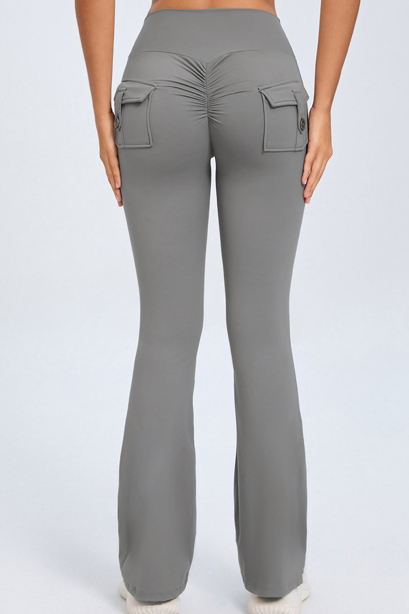 Women Button High Waist Wide Leg Peach Lift Hip Micro Pants Fitness Sports Quick Dry Yoga Pants