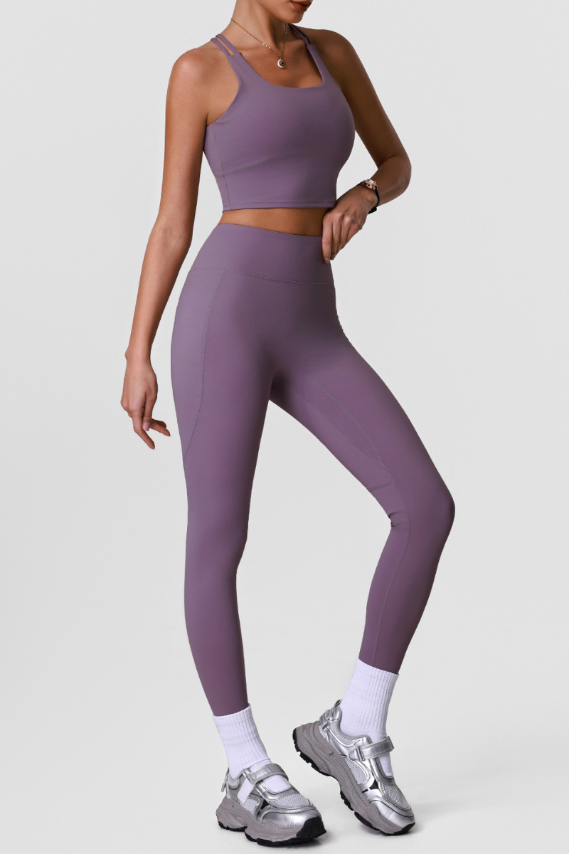 Women's Sports Sets:Cross Back Bra And Side Pocket Leggings