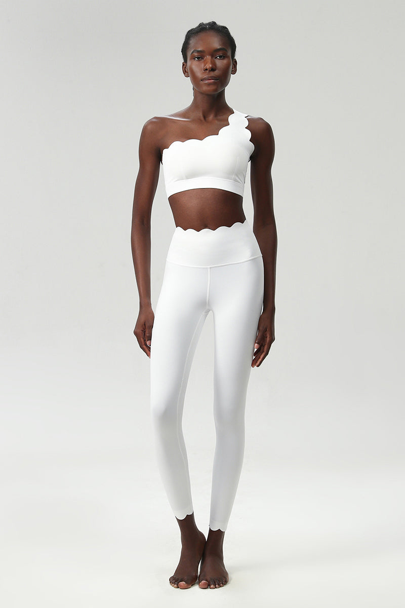 Women Wave Hem Liquid Yoga Set - One-Shoulder Bra & Sculpting Leggings