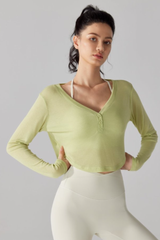 Women's V-Neck Sheer Cropped Long Sleeve Yoga Cover-Up