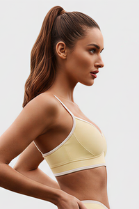 Women's Nude Color-Blocking Thin Strap V-neck Sports Bra