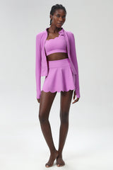 Women Single-Strap Tennis Sport Set: Wave-Hem Quick-Dry Lycroca Bra + Built-In Shorts Skort + Slim-Fit Zip-Training Jacket