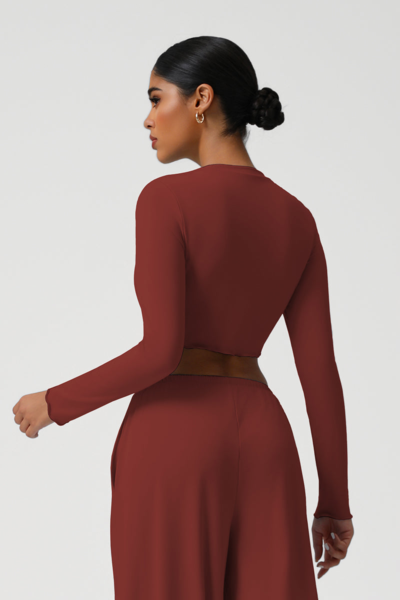 Women Slim Fit Wave Hem Yoga Long Sleeves