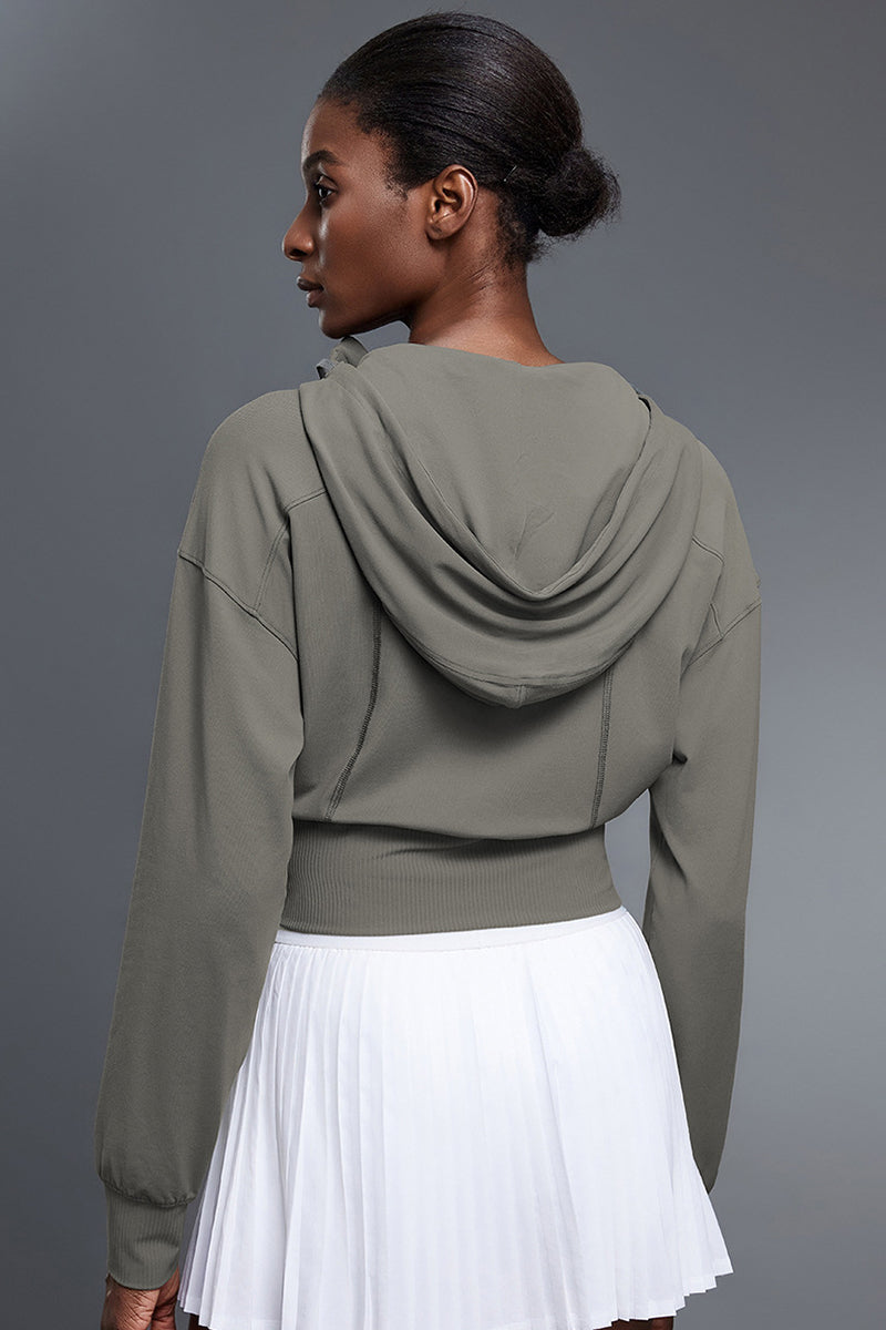Women Hooded Short Waist-Tie Open-Front Yoga Sportswear Jacket
