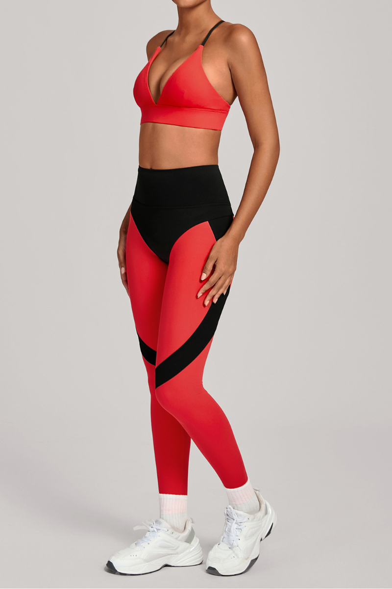 Women's Set:Triangle Cup Color Block Bra & High-Waist Legging