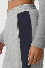 Women Color-Block Ribbed Lounge Set: Cropped Long-Sleeve Top + High-Waist Wide-Leg Pants