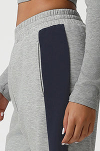 Women Color-Block Ribbed Lounge Set: Cropped Long-Sleeve Top + High-Waist Wide-Leg Pants