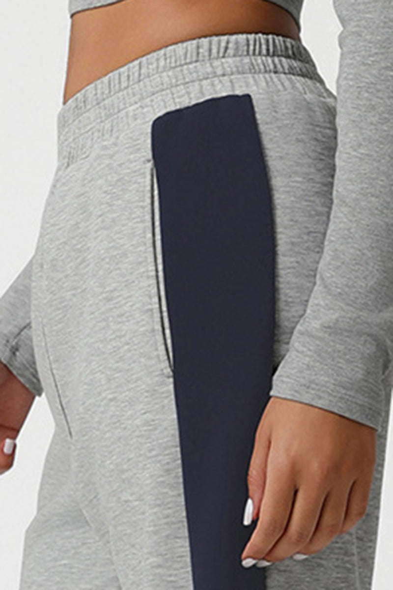 Women Color-Block Ribbed Lounge Set: Cropped Long-Sleeve Top + High-Waist Wide-Leg Pants