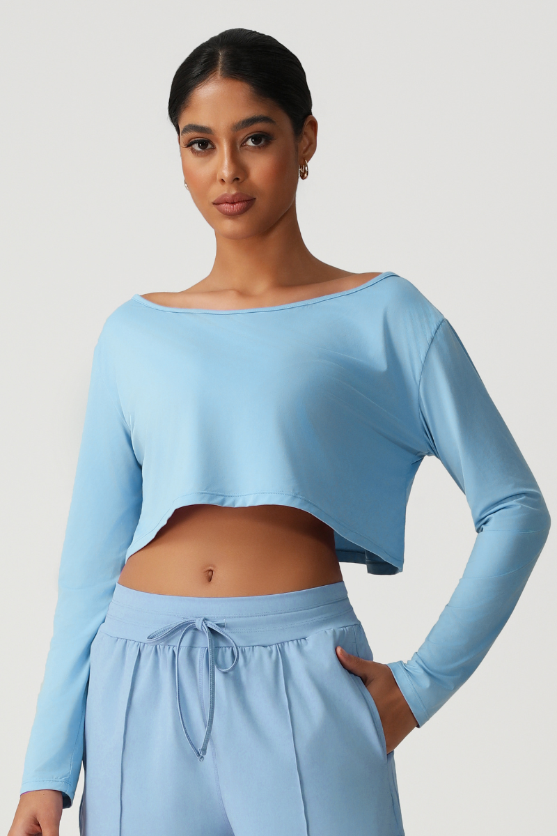 Women's Off Shoulder Cropped Workout Long Sleeve Top