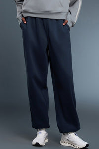 Women Loose Straight Leg Fleece-Lined Drawstring Casual Sport Pants