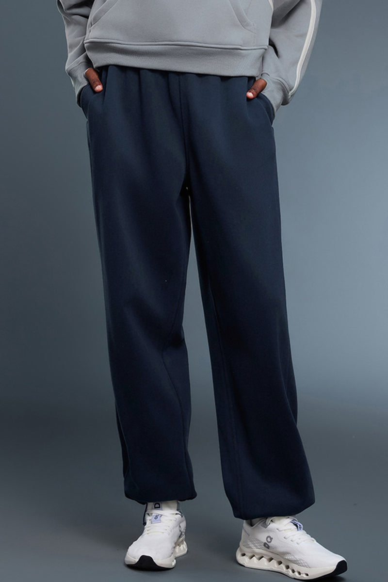 Women Loose Straight Leg Fleece-Lined Drawstring Casual Sport Pants