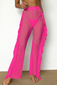 Women's High Waisted Sheer Mesh Ruffle Wide Leg Beach Pants