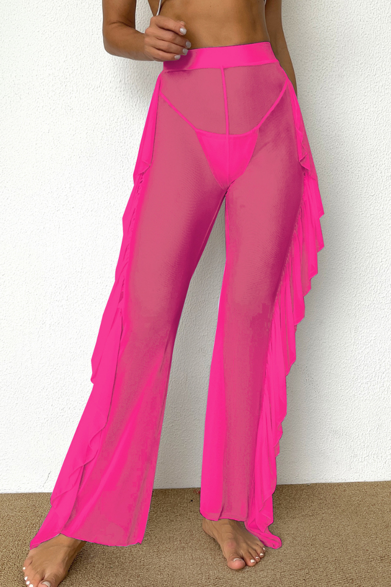 Women's High Waisted Sheer Mesh Ruffle Wide Leg Beach Pants