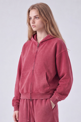 Women Fall 100% Cotton Retro Boxy Two-Way Zip Hooded Jacket