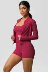 Women Tight Yoga Set:Brushed Sports Bra+ Zip Jacket + Shorts