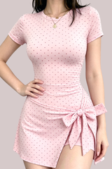 Women's Round-Neck Polka Dot Mini Dress With Waist Bow Tie