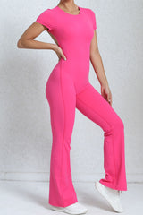 Women Short Sleeve Big Backless One Piece Flare Tight Nude Outfit Fitness Sports Yoga Bodysuit