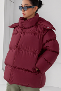 Women's stand-up collar bread-style hooded cotton jacket.