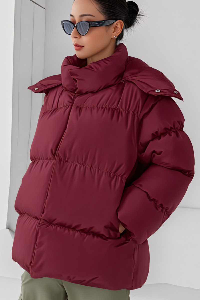 Women's stand-up collar bread-style hooded cotton jacket.