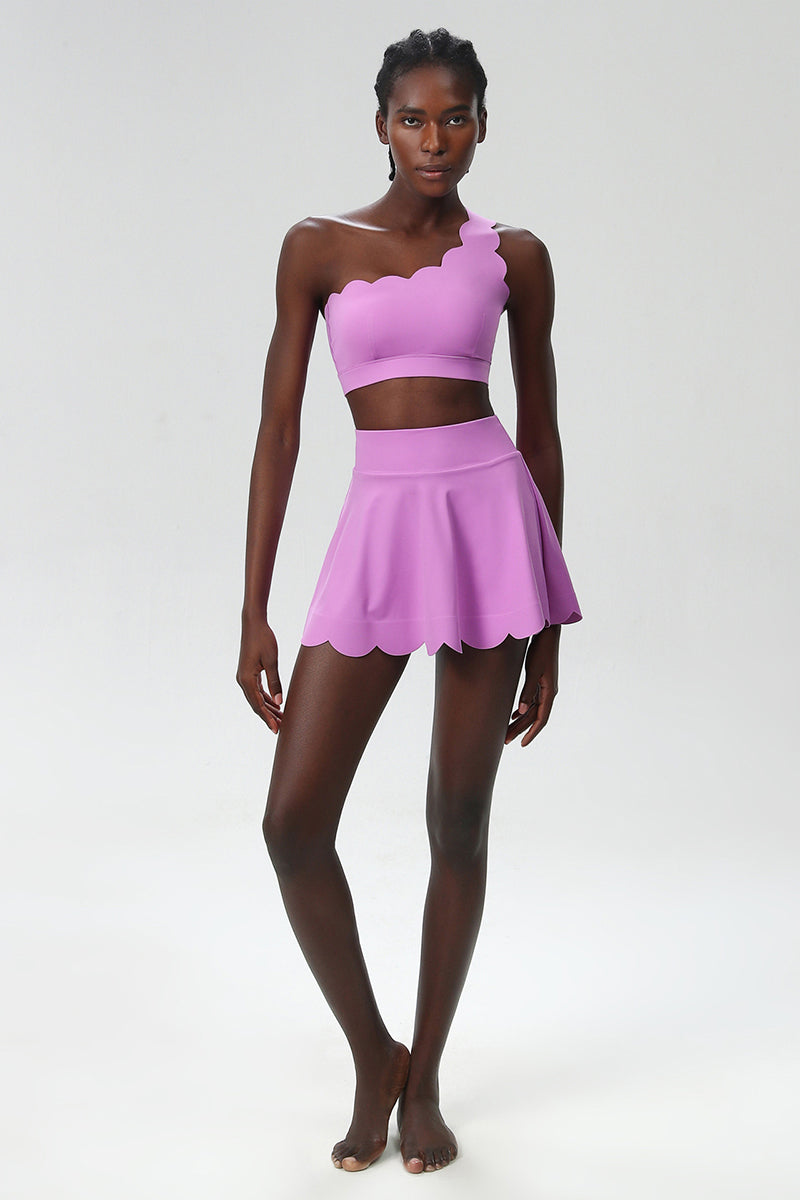 Women Wave Scoop-Neck Seamless Plus Size Tennis Set - Quick-Dry One-Shoulder Bra & Ruffle Hem Skirt