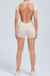 Women Short Sleeve Backless Hip & Tummy Tight Dance Sports Fitness Yoga Bodysuit
