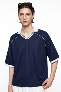 Men's V-Neck Contrast Trim Polo Collar Sports T-shirt