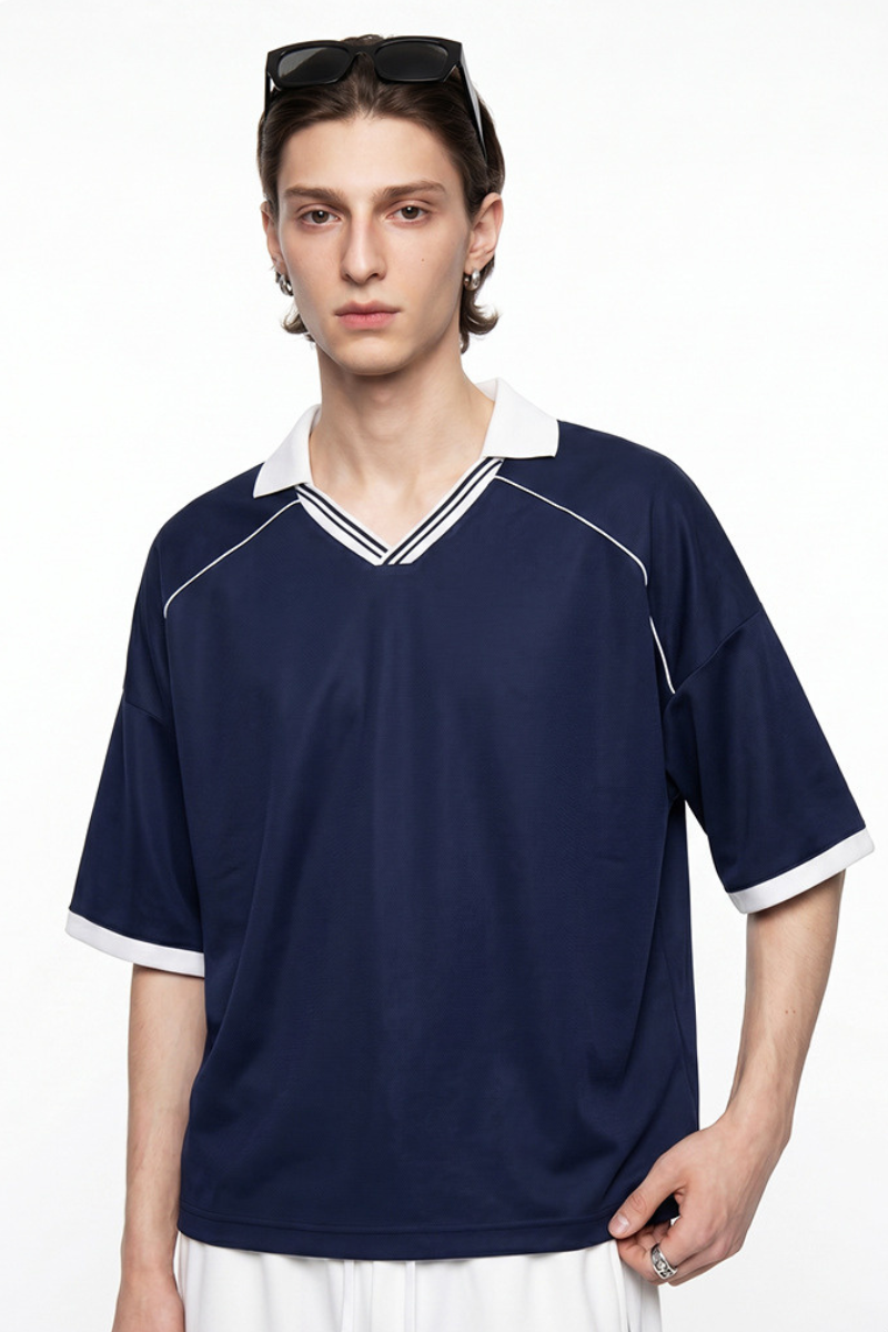 Men's V-Neck Contrast Trim Polo Collar Sports T-shirt