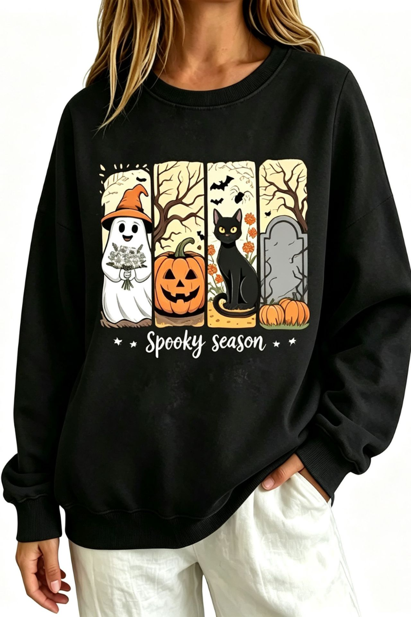Women's Fall Halloween Spooky Print Thin Relaxed Sweatshirt