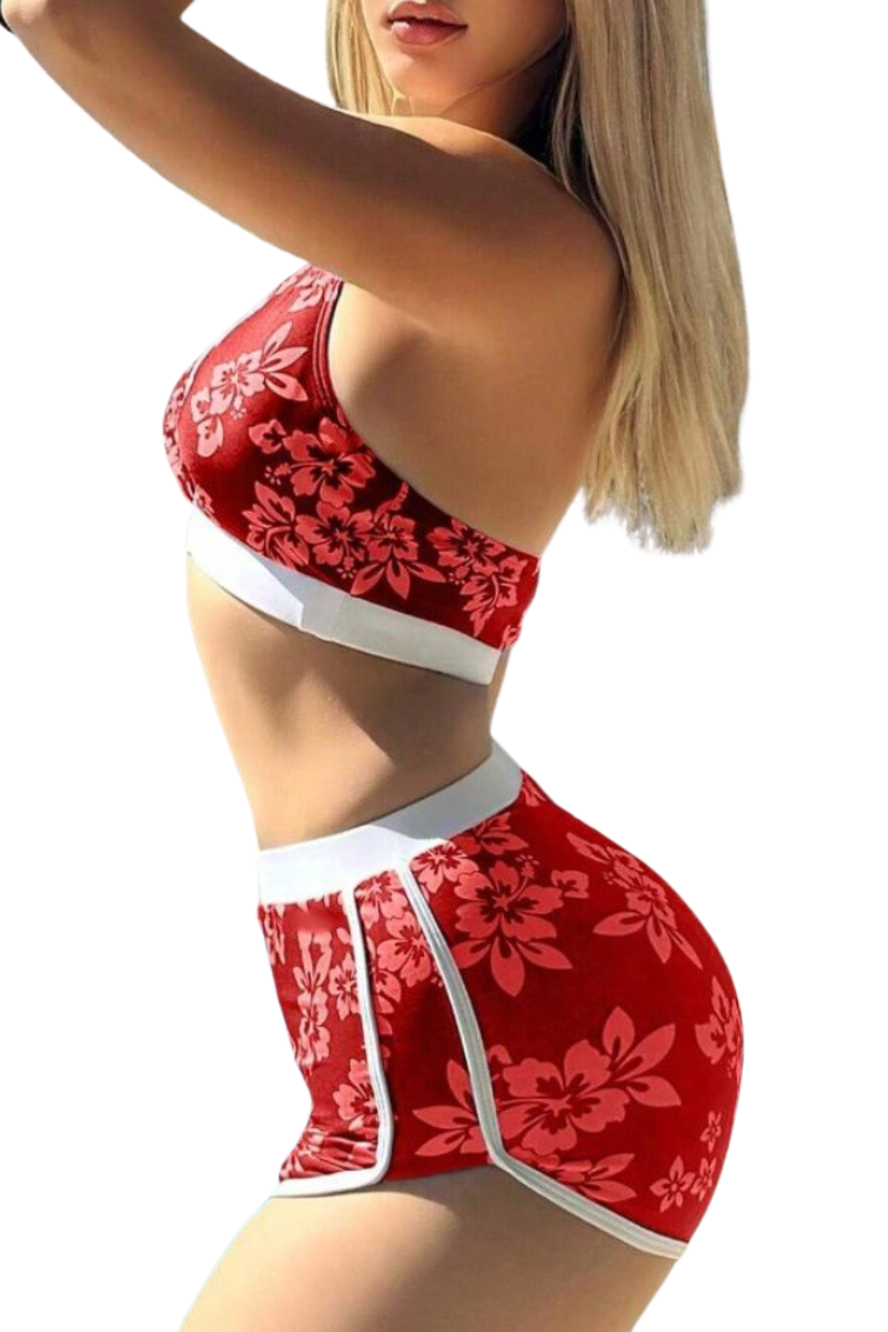 Women's Tropical Halter Deep V High Waist Shorts Bikini Set
