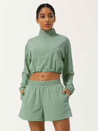 Half Zip Crpped Sports Jacket & Shorts 2 Piece Set