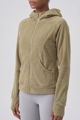 Women's Winter Fleece Zip Up Finger Cuffs Hooded Jacket