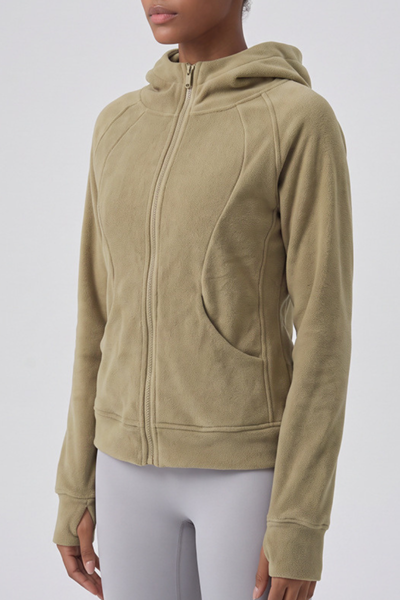Women's Winter Fleece Zip Up Finger Cuffs Hooded Jacket