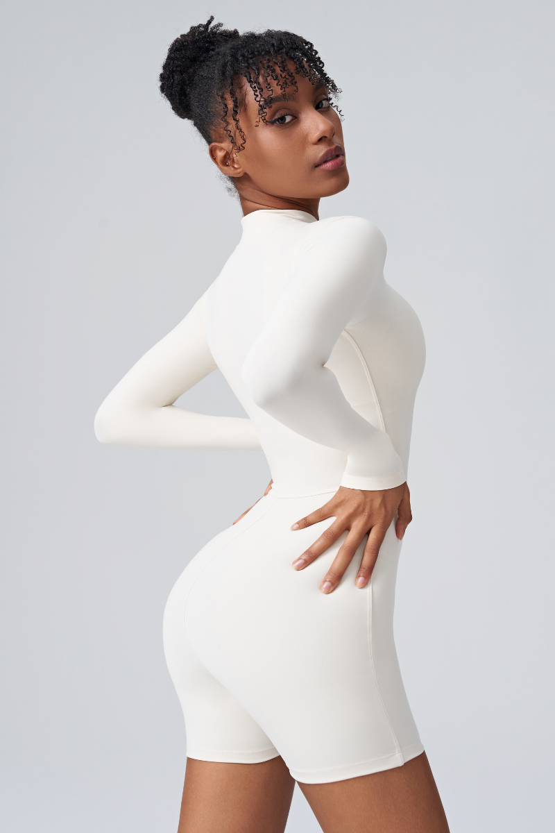 Women's Mock Neck Zip Sculpting Long Sleeve Shorts Jumpsuit