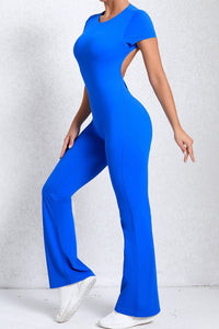 Women Short Sleeve Big Backless One Piece Flare Tight Nude Outfit Fitness Sports Yoga Bodysuit
