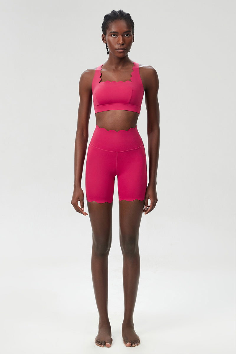 Women Wave-Edge Yoga Set: Double Shoulder Bra + Quick Dry Lycra Fitness Sports Shorts