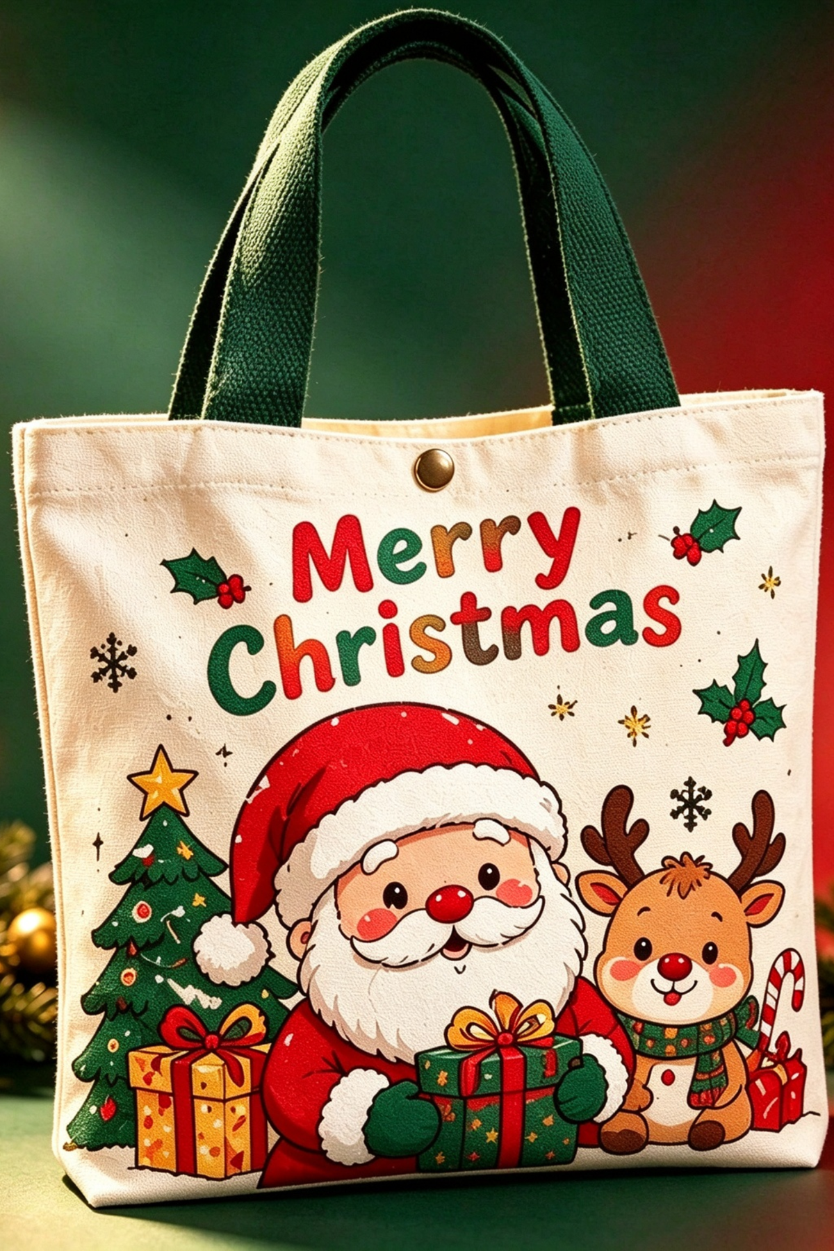 Christmas Canvas Tote Bag Cute Santa Snowman Penguin Handbag