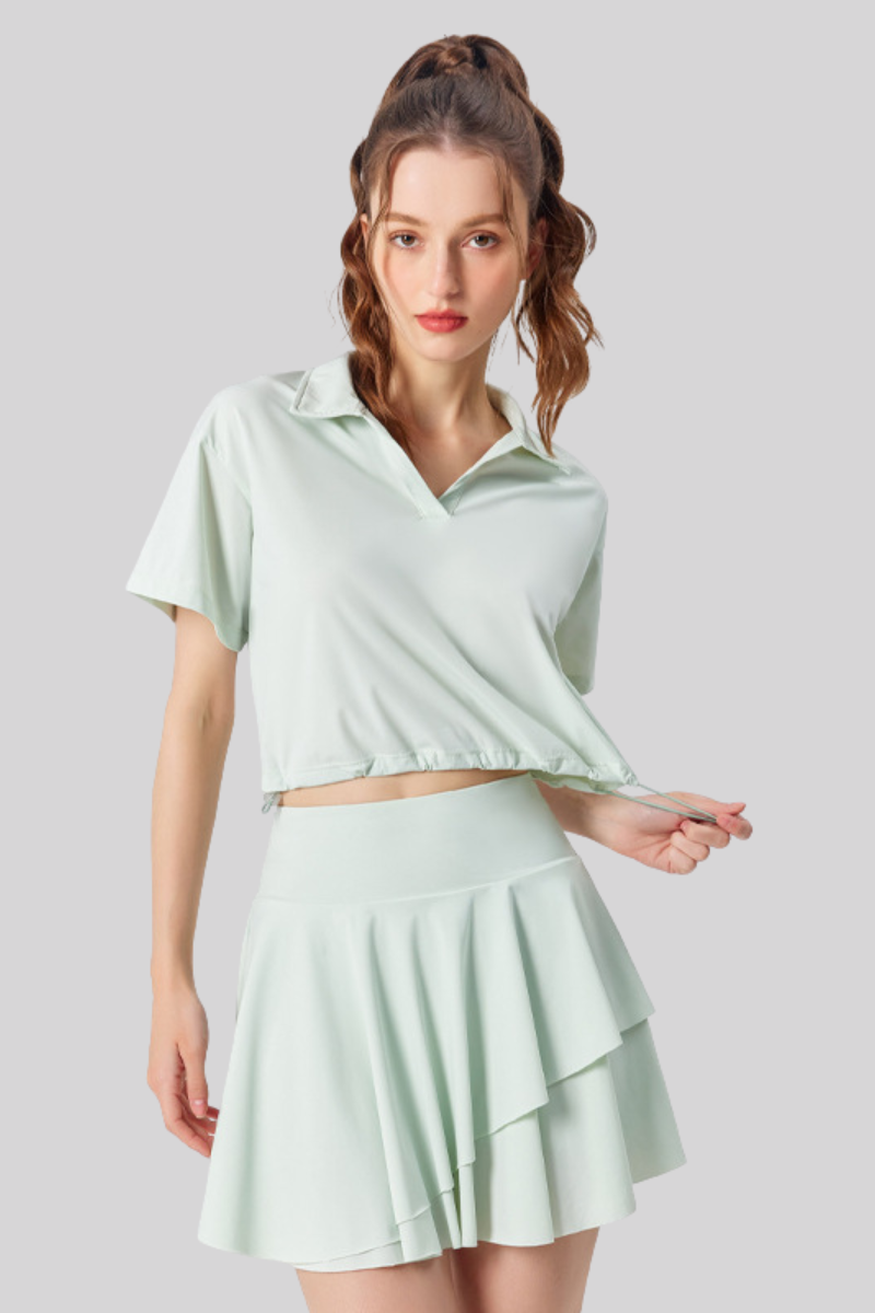 Women's Tennis Sets:Polo Collar Cropped Tee & Skirt